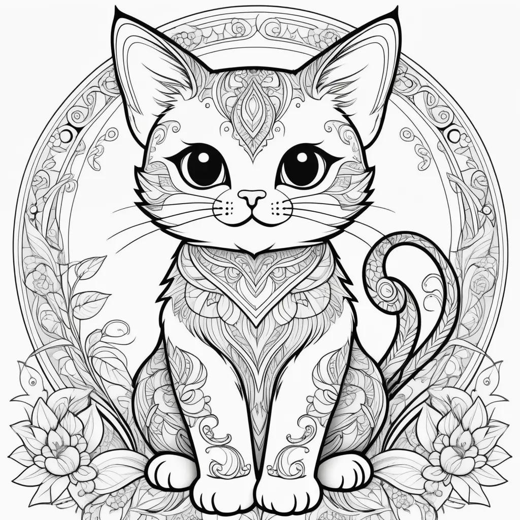 black and white cat coloring page with intricate patterns