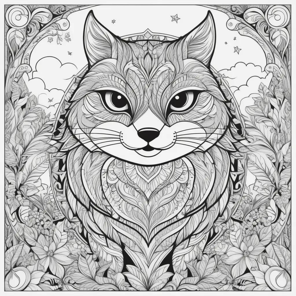 black and white cat in a floral design on a coloring page