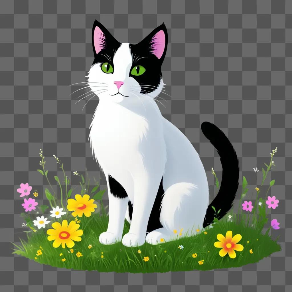 black and white cat in a green background