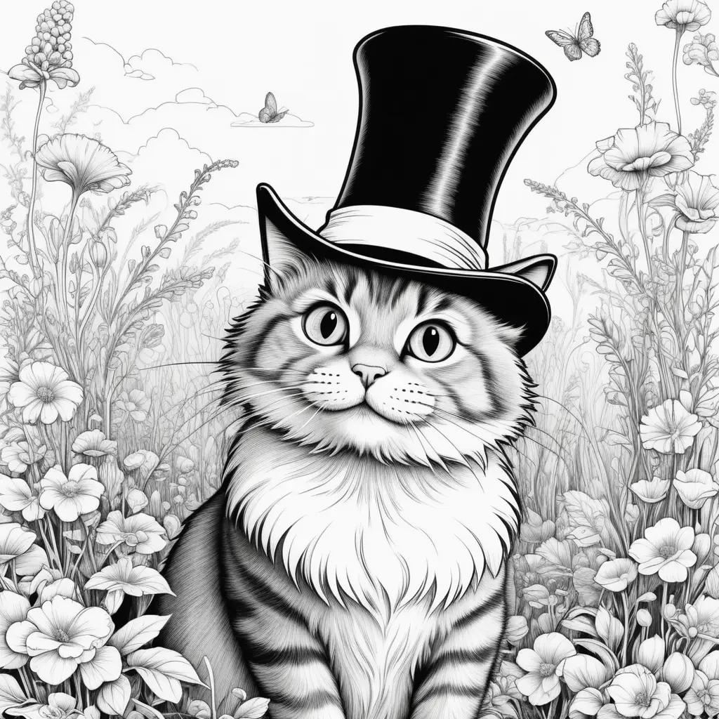 black and white cat in a top hat coloring page