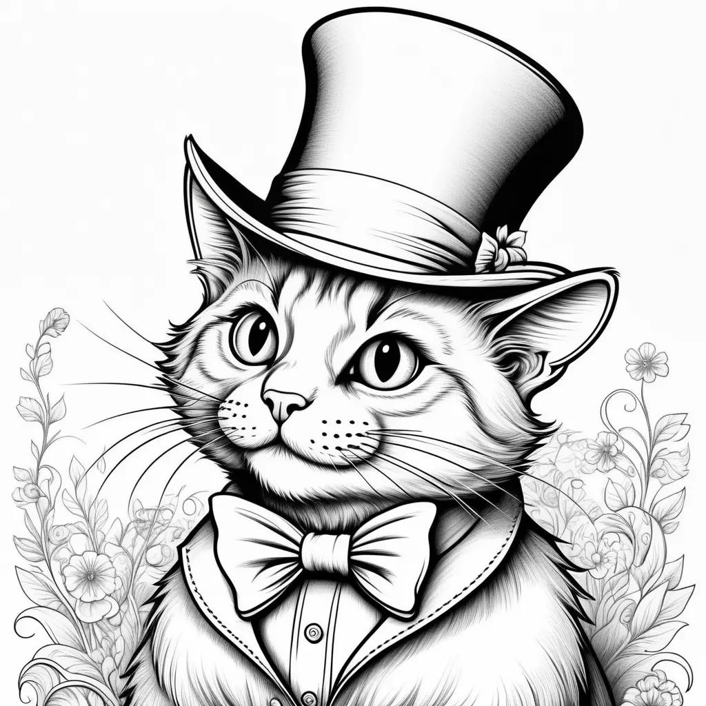 black and white cat in a top hat coloring page