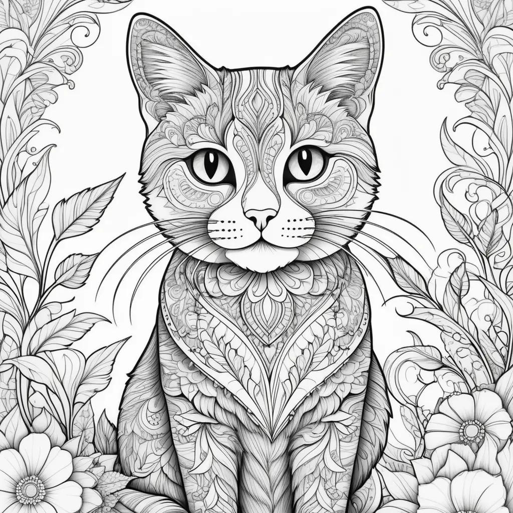 black and white cat is featured in a floral design