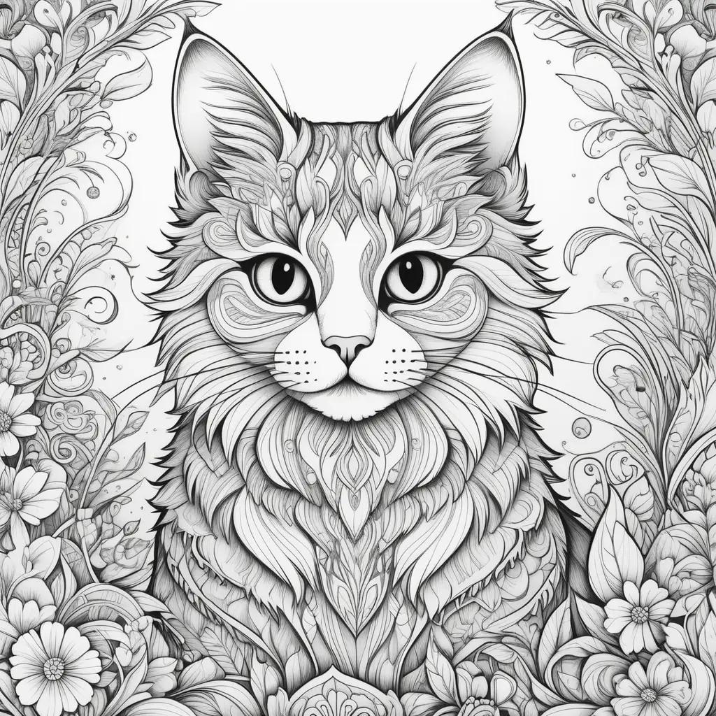 black and white cat sits among floral patterns