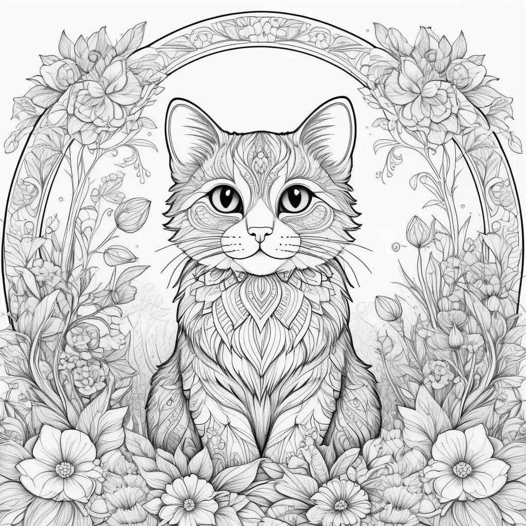 black and white cat sits among flowers in a circle