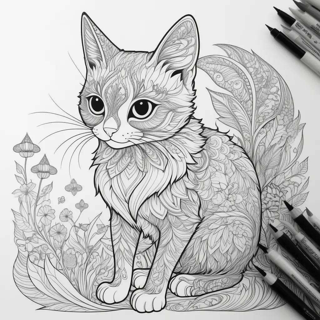 black and white cat sits in a shadowed coloring page