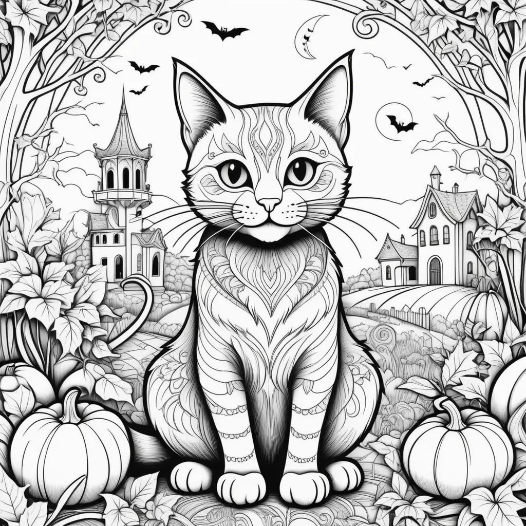 black and white cat sits on a Halloween coloring page