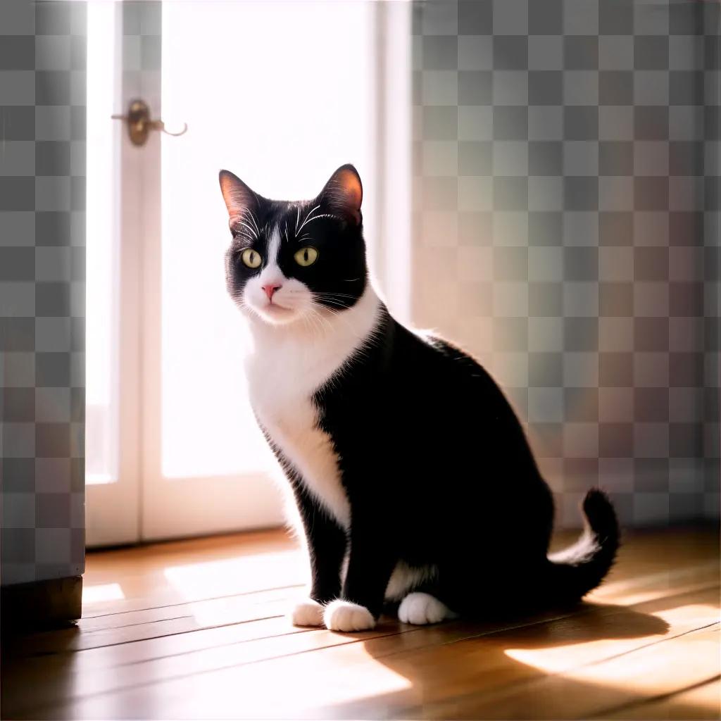 black and white cat sits on a wooden floor