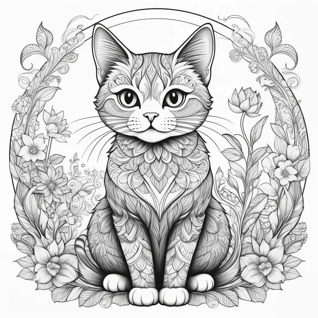 black and white cat sitting in a circle surrounded by flowers