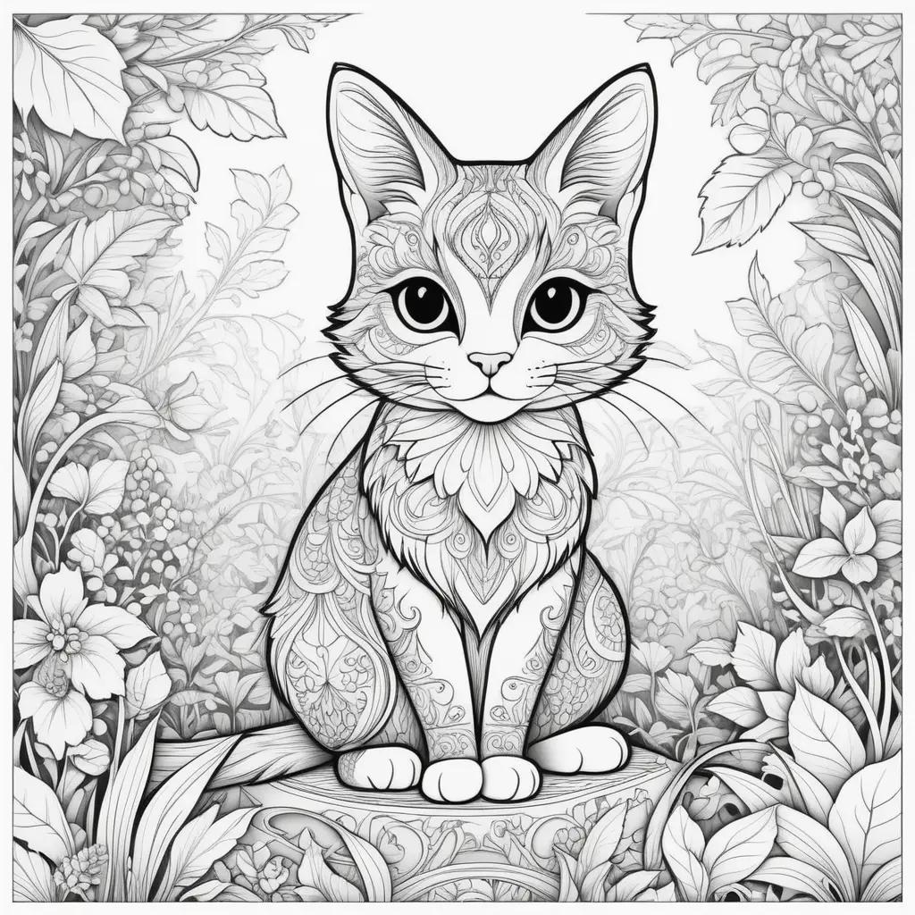 black and white cat sitting on a leafy background with a shadow coloring page