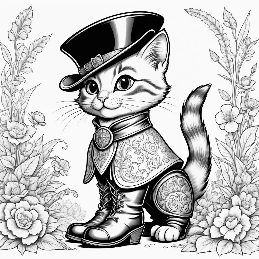 black and white cat wearing a hat and boots