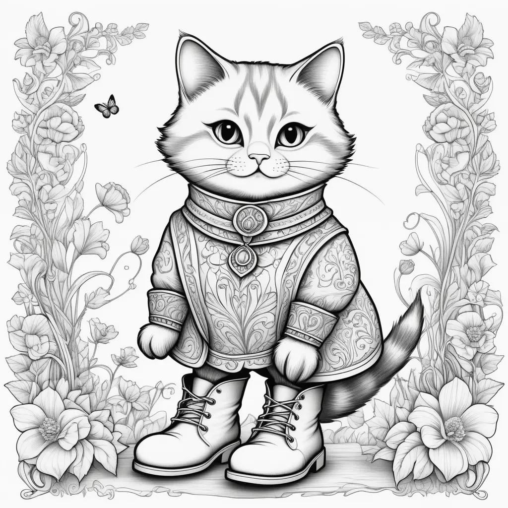 black and white cat wearing boots in a flower border coloring page