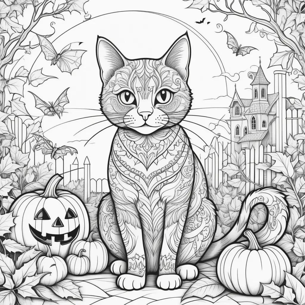 black and white cat with a pumpkin in a halloween coloring page