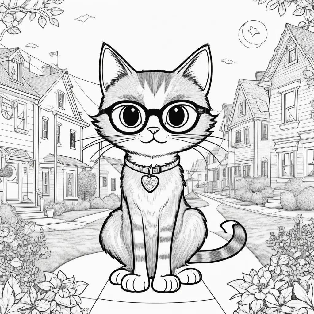 black and white cat with glasses sits on a sidewalk in a town