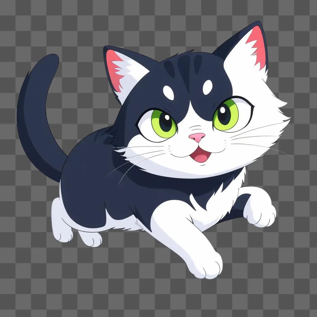 black and white cat with green eyes in a cartoon