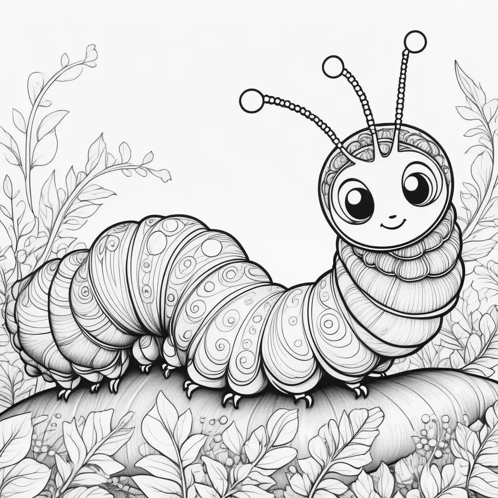 black and white caterpillar coloring page with cute features