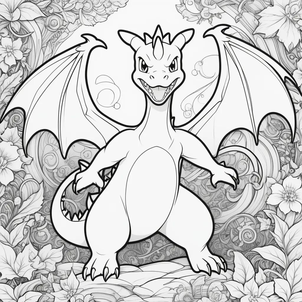 black and white charizard coloring page with flower patterns