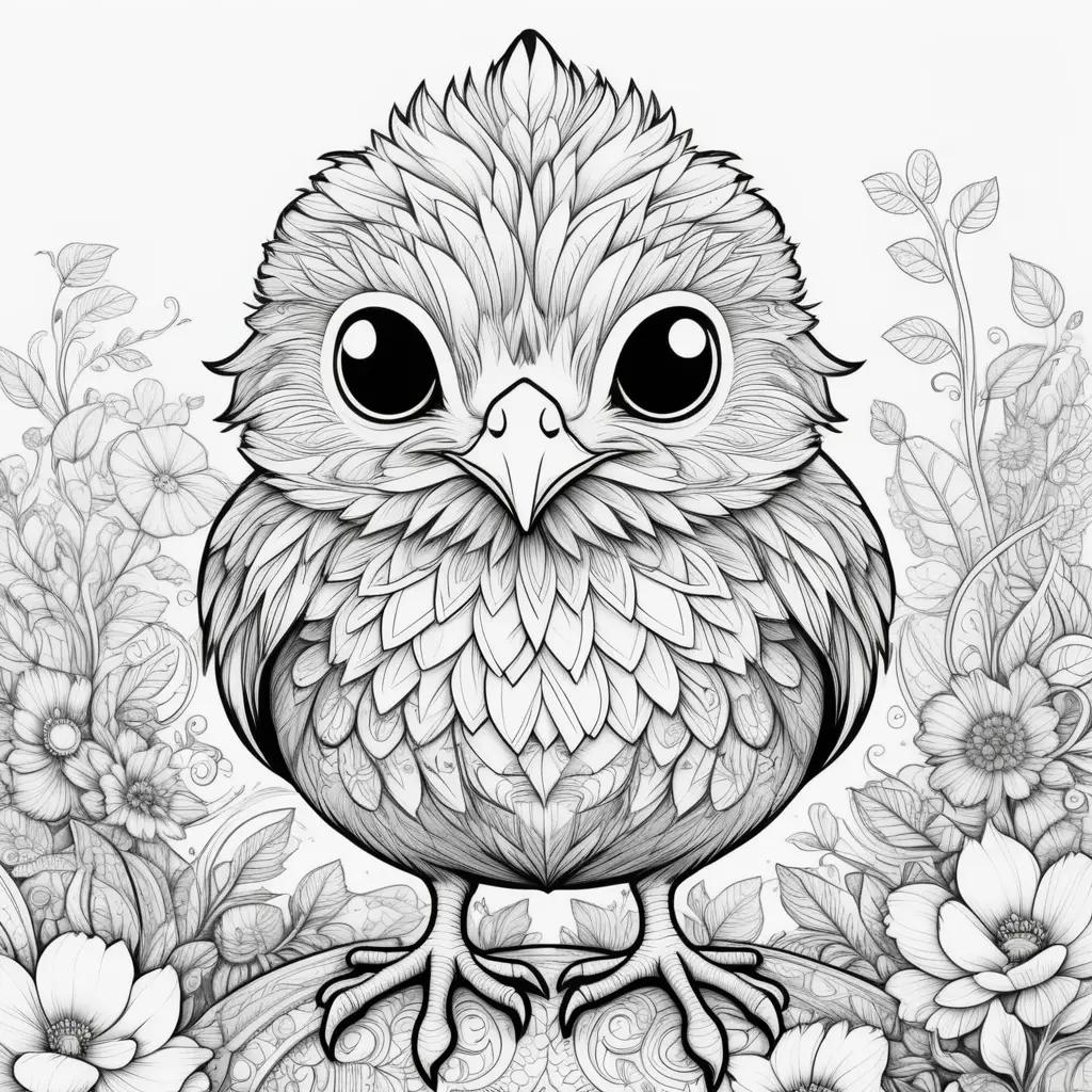 black and white chick coloring page with flowers