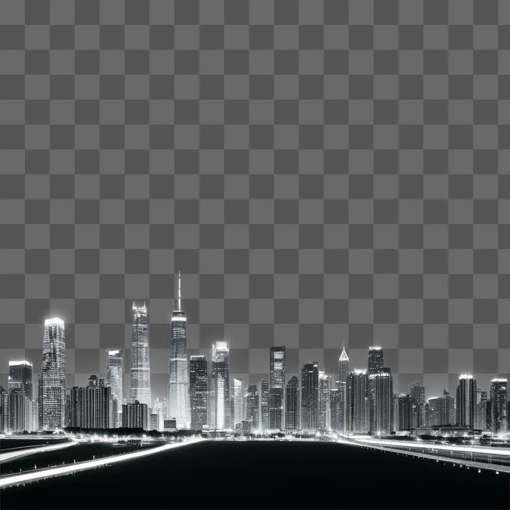 black and white cityscape at night