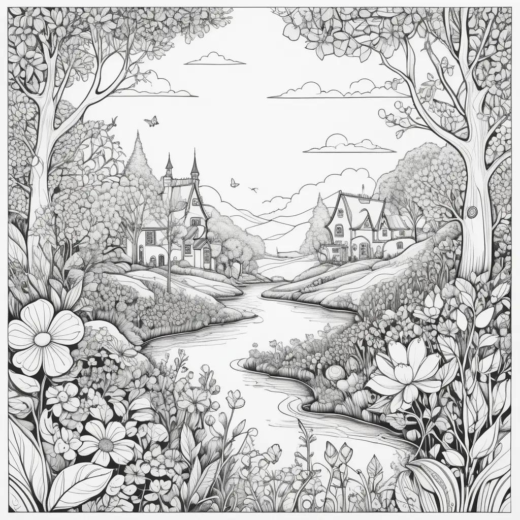 black and white color page featuring a river and a castle