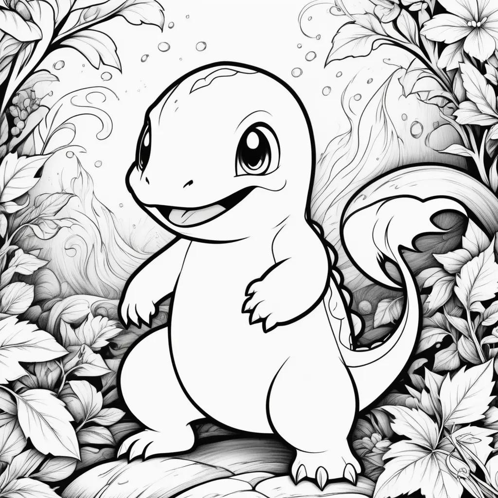 black and white color page of Charmander