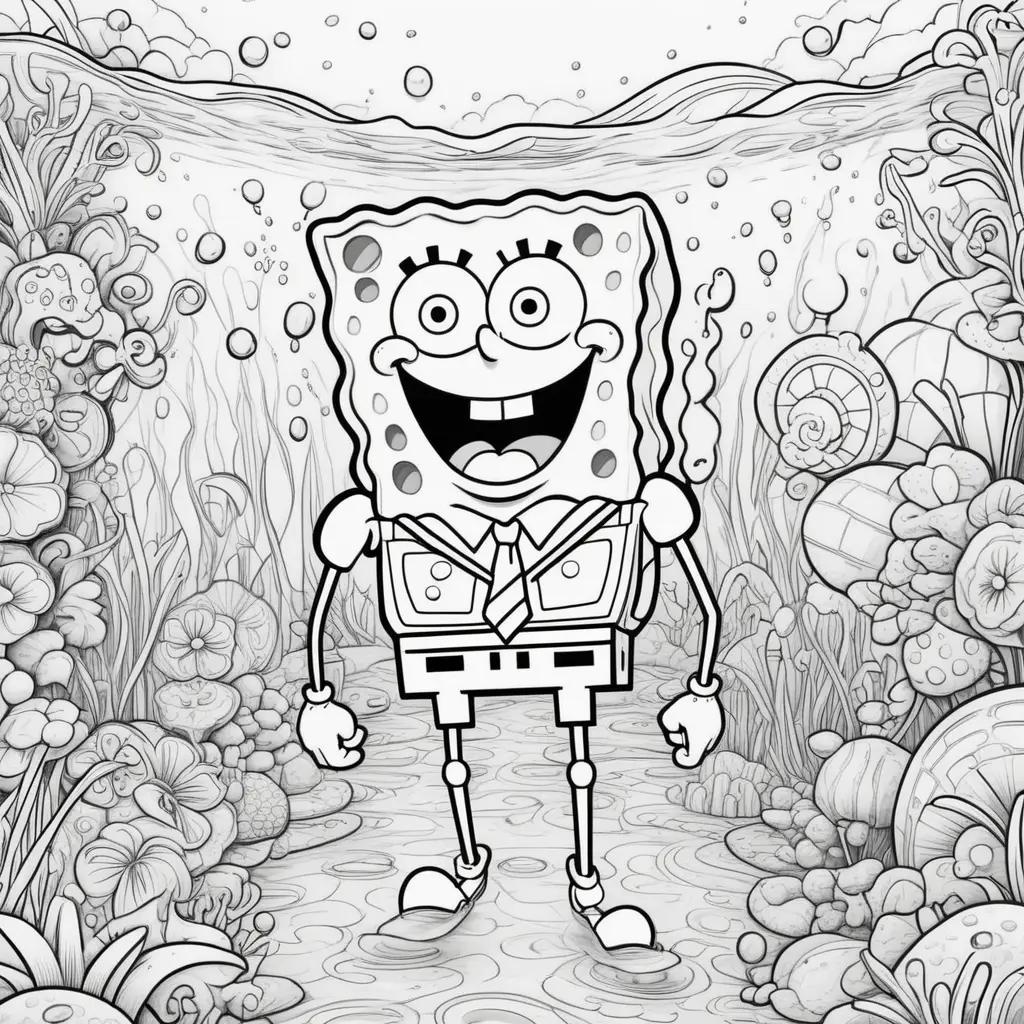 black and white color page of Spongebob in a cartoon scene