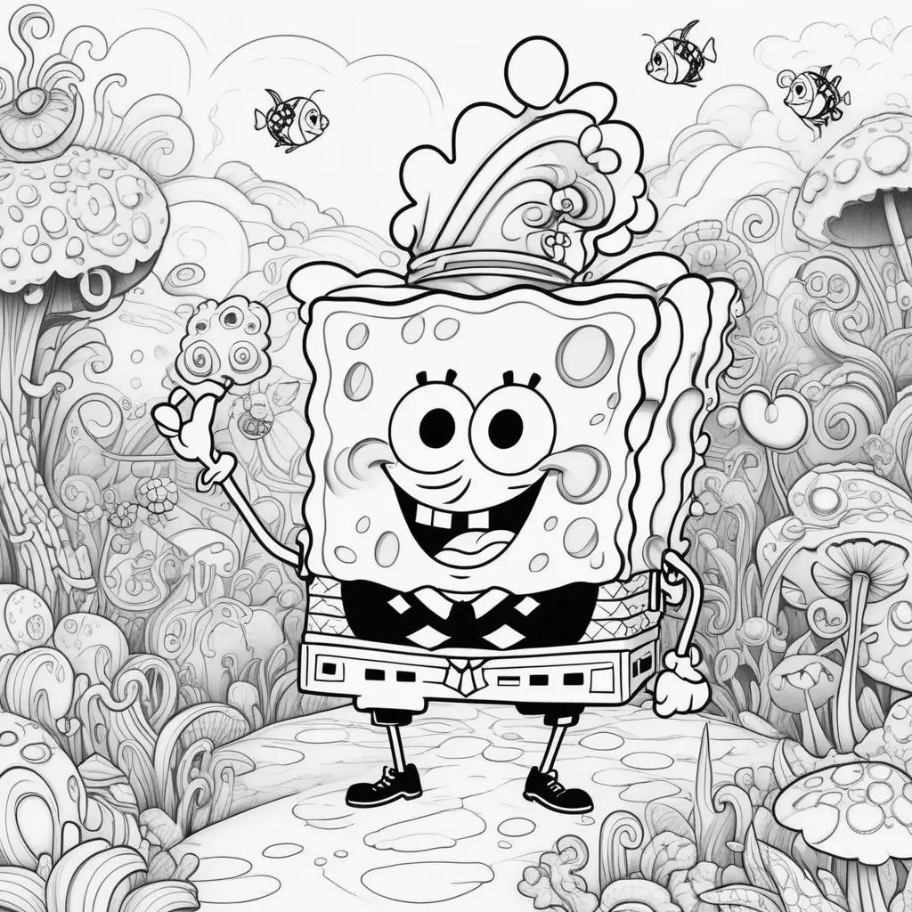 black and white color page of Spongebob