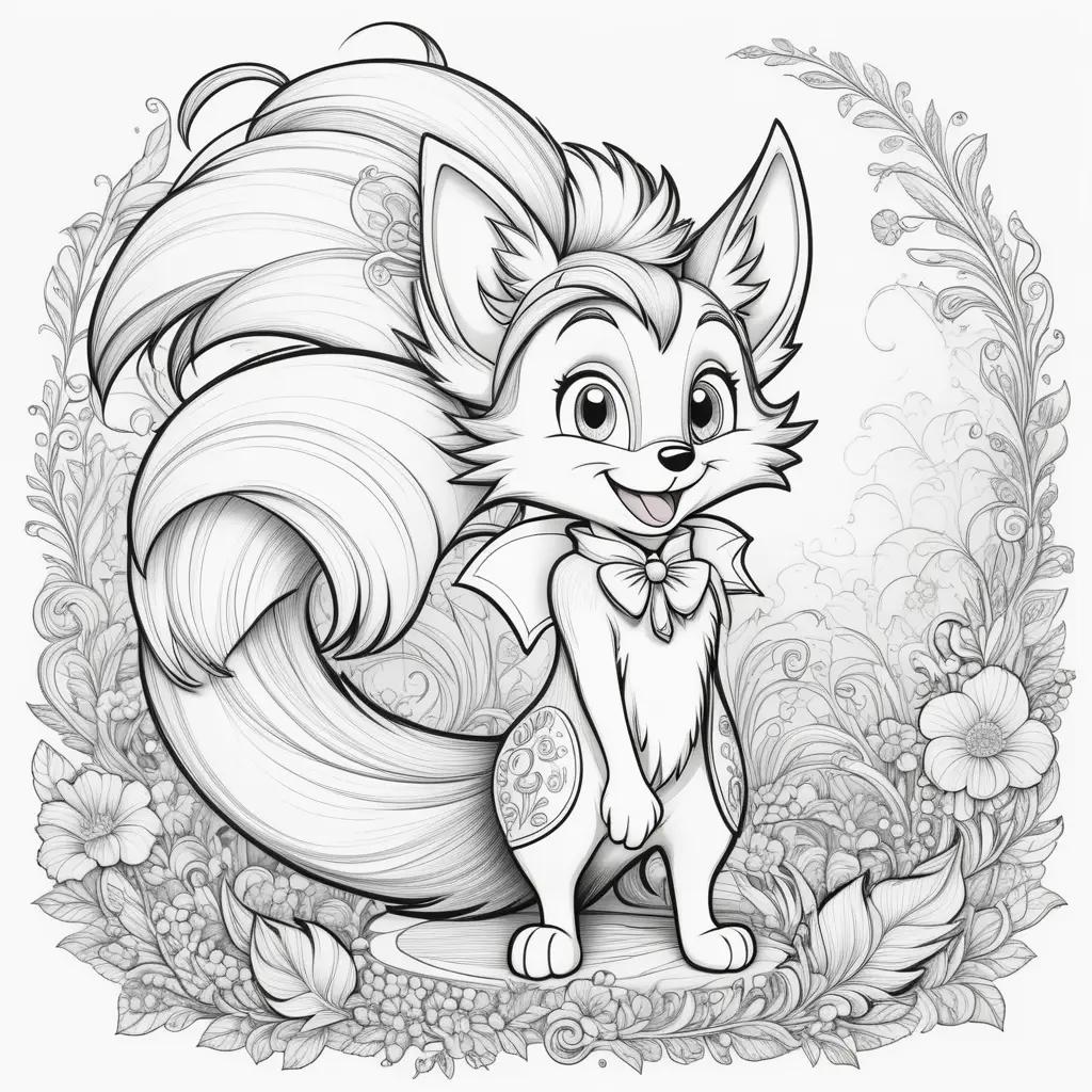 black and white color page of a cute fox with colorful tails