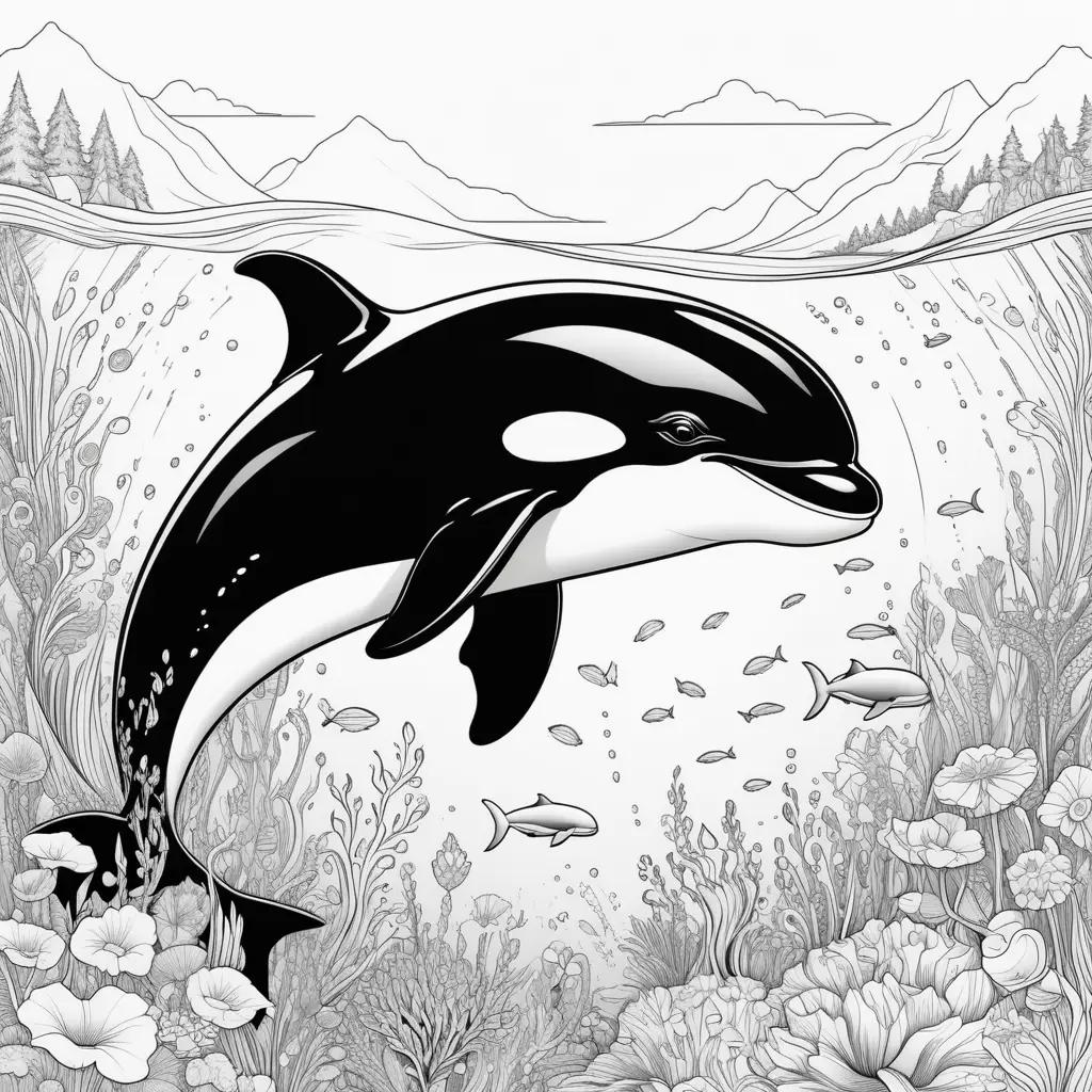 black and white color page of a killer whale