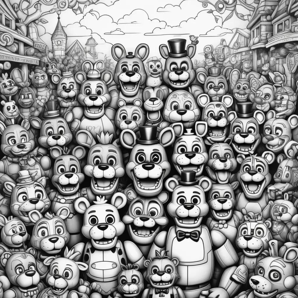 black and white color page of a large group of fnaf characters