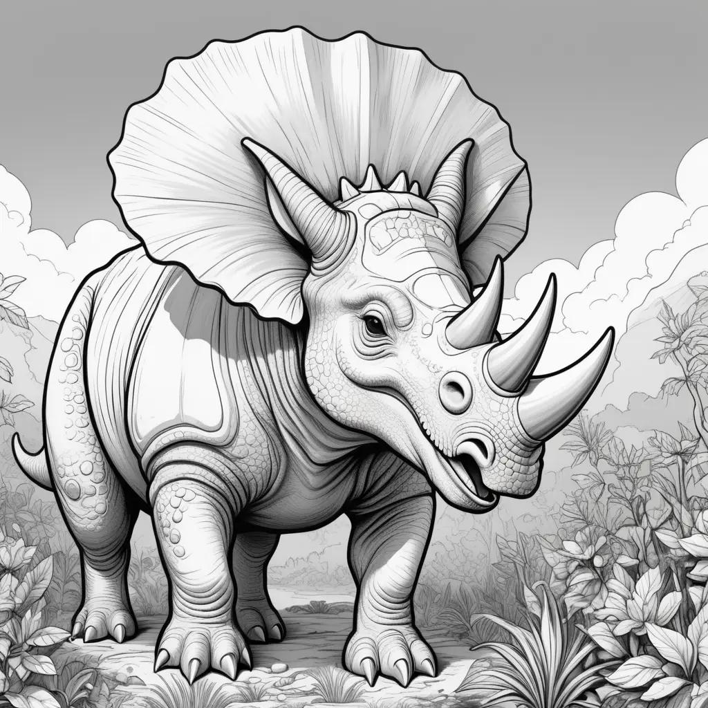 black and white color page of a triceratops