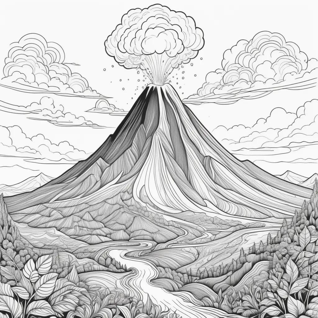 black and white color page of a volcano