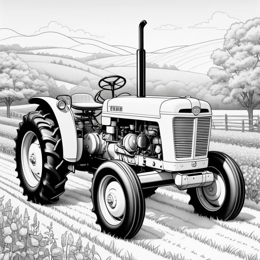 black and white color page shows a tractor on a field