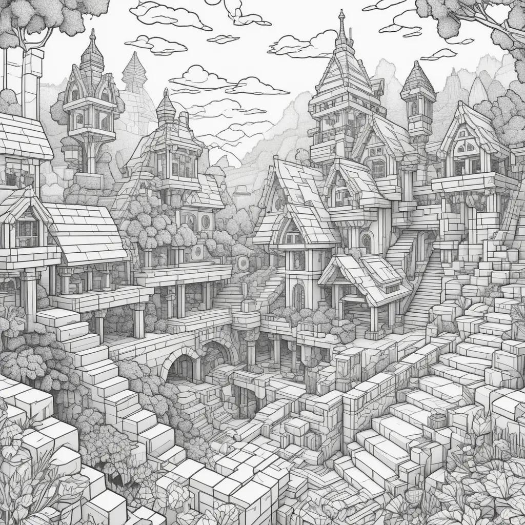Minecraftのようなシーンを描いた白黒の塗り絵ページ