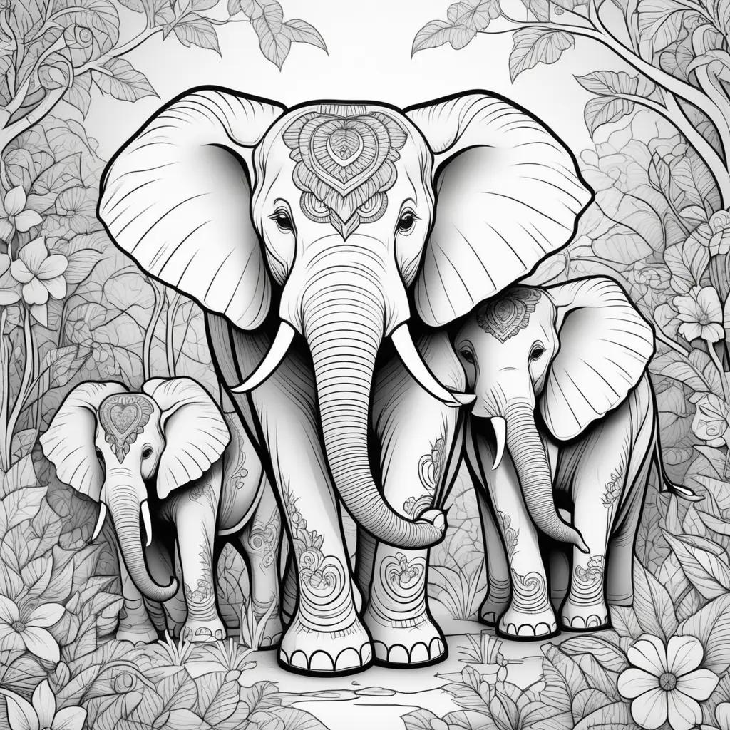 black and white coloring book with elephants