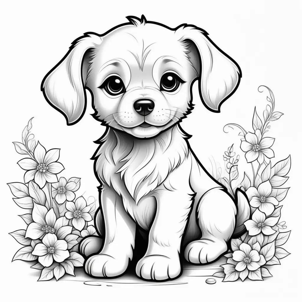 black and white coloring page features a cute puppy