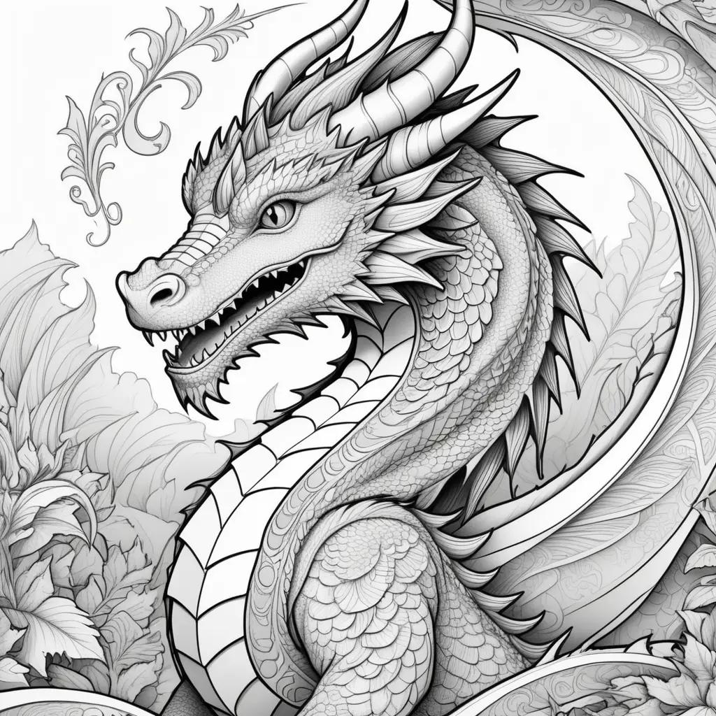 black and white coloring page features a dragon