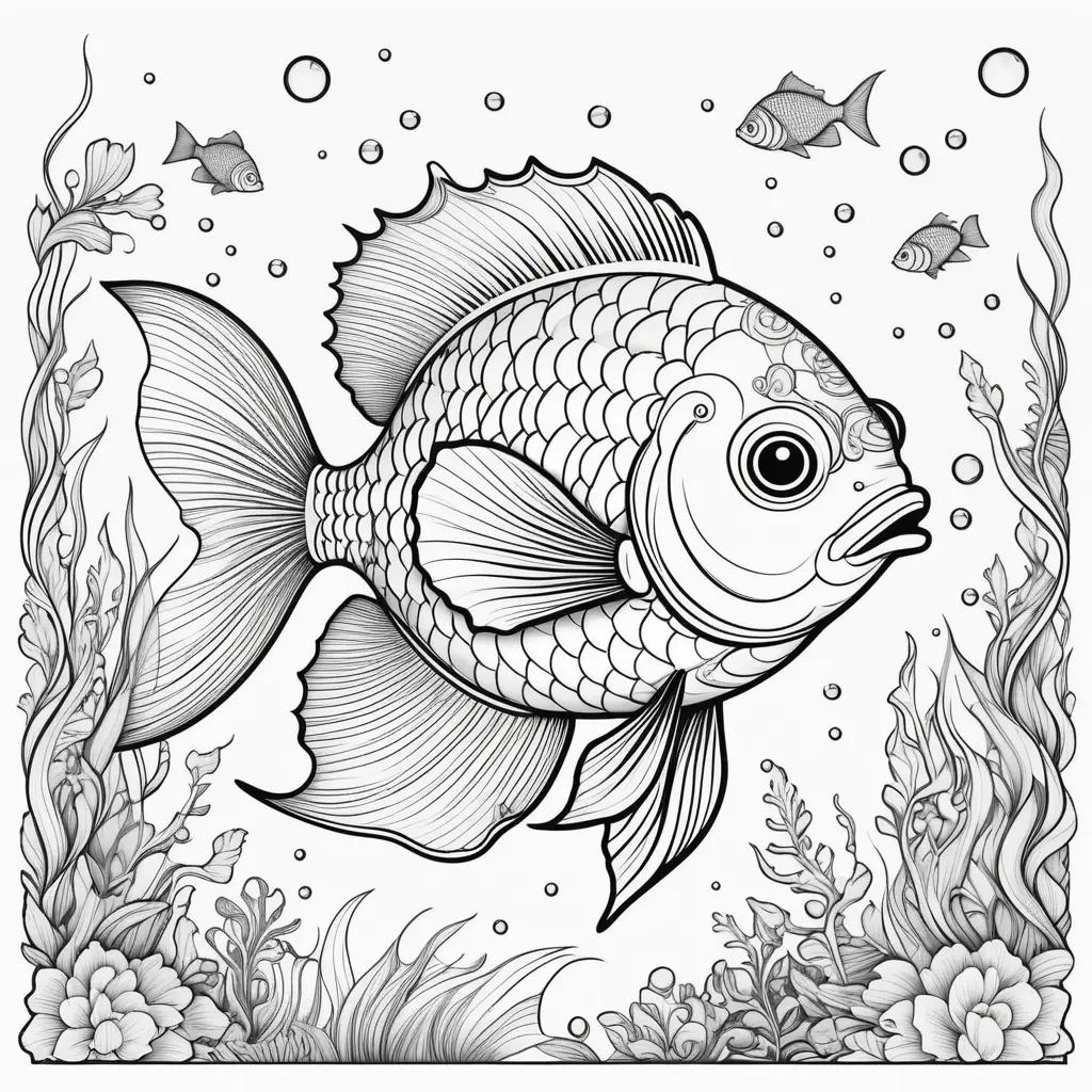 black and white coloring page features a fish surrounded by bubbles and sea plants