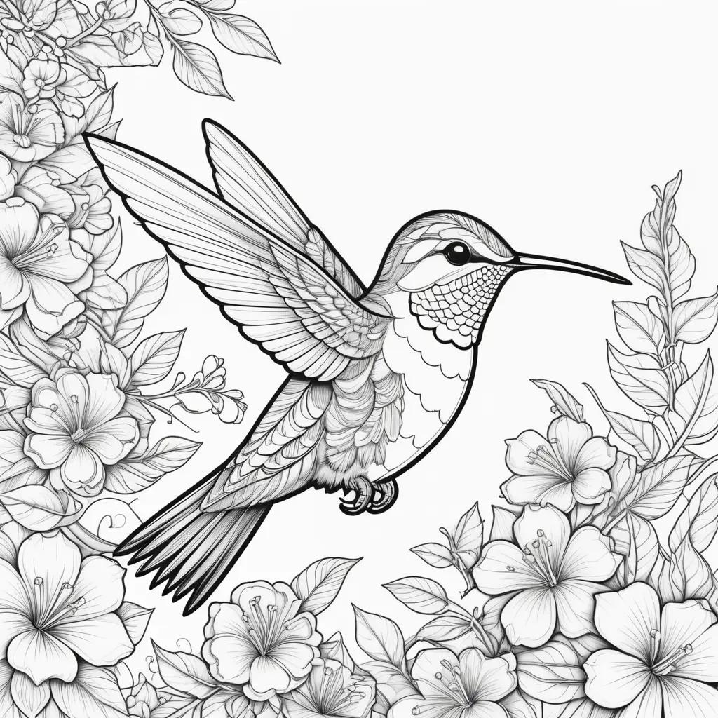 black and white coloring page features a hummingbird and flowers