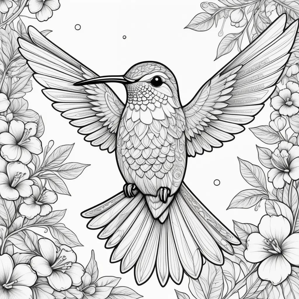 black and white coloring page features a hummingbird with its wings spread