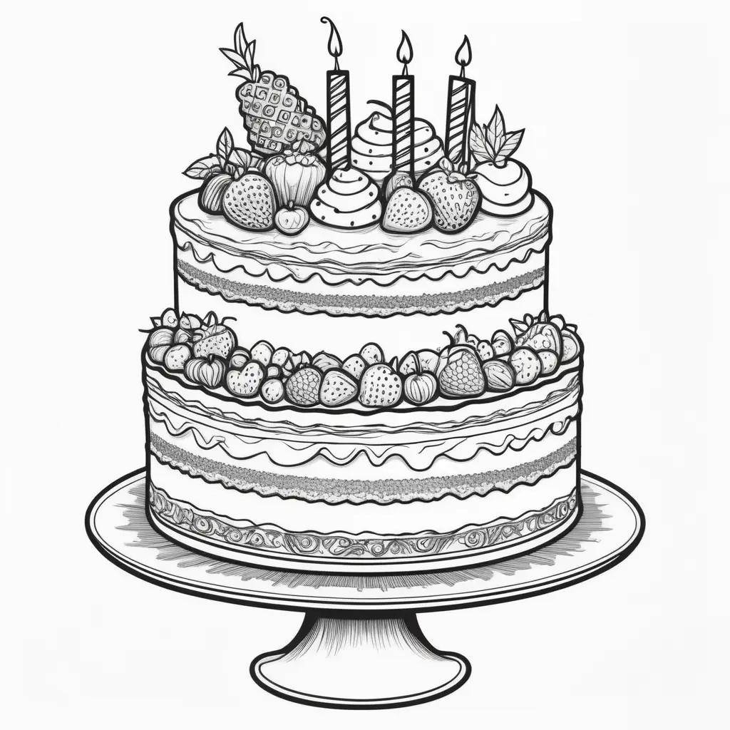 black and white coloring page features a two-layer cake