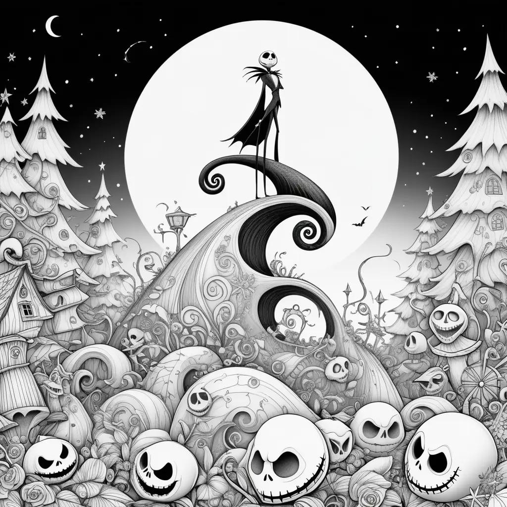 black and white coloring page featuring Jack Skellington and a pumpkin patch