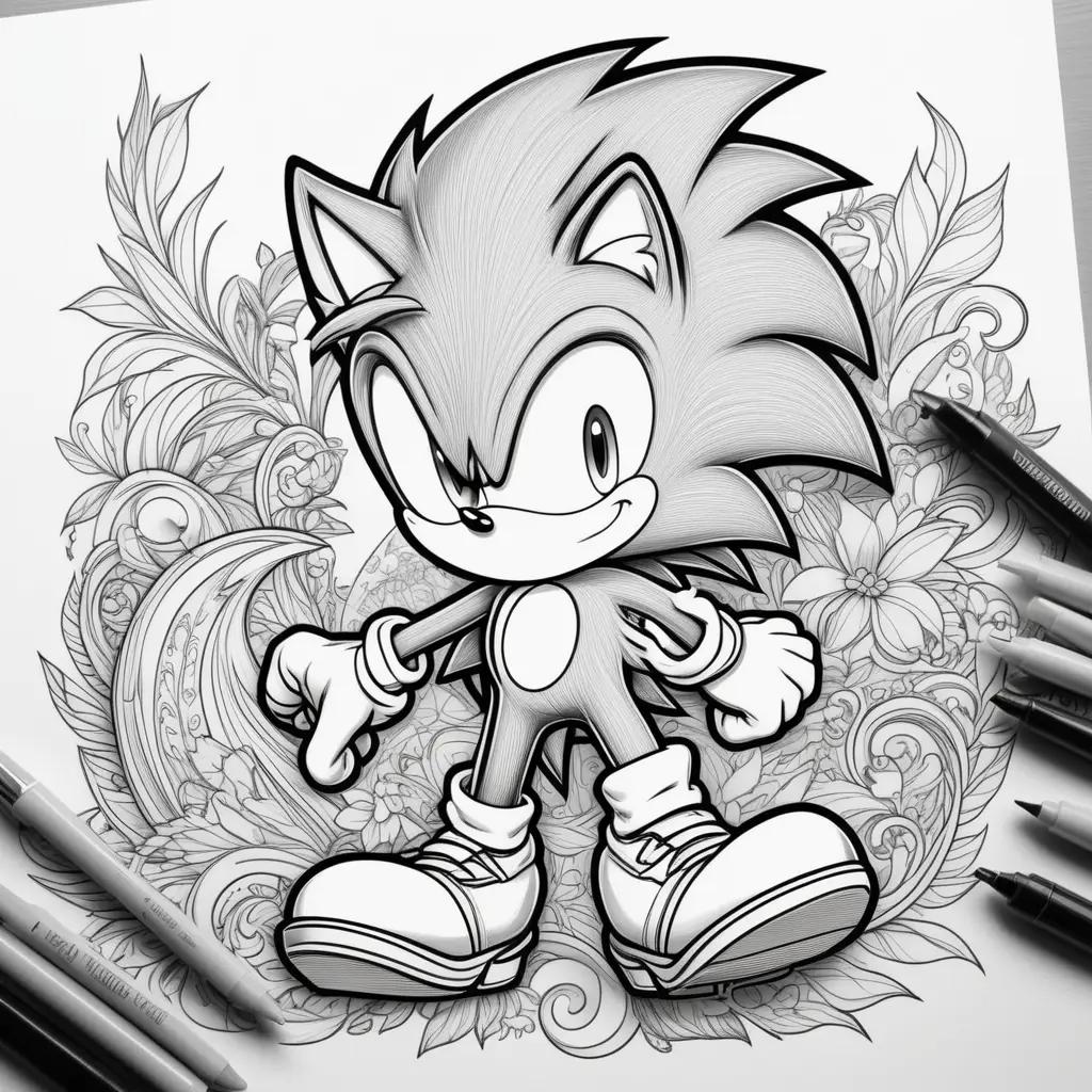 black and white coloring page featuring Sonic the Hedgehog