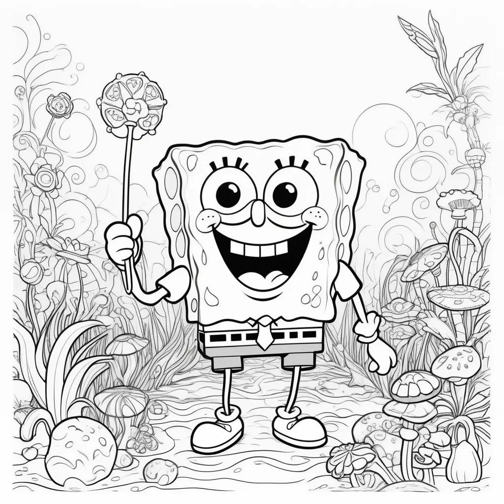 black and white coloring page featuring SpongeBob SquarePants