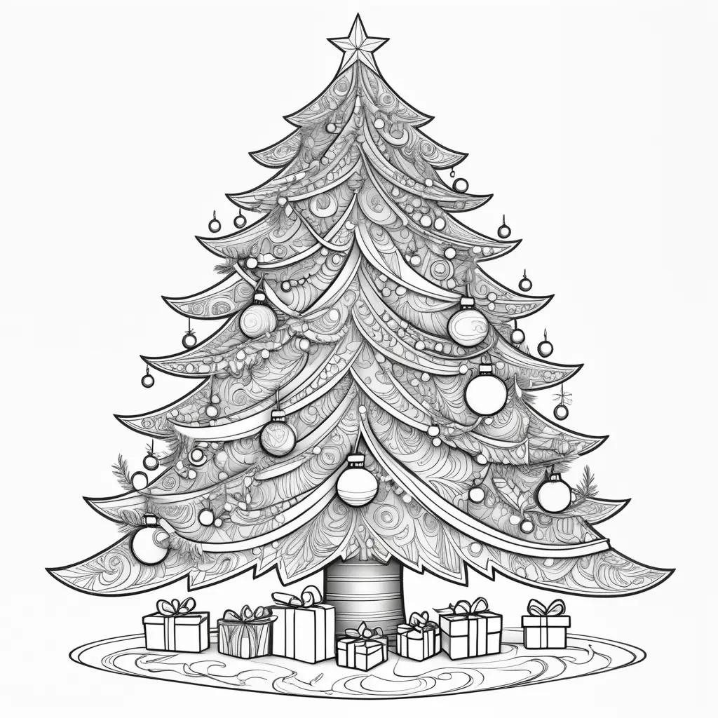 black and white coloring page featuring a Christmas tree with ornaments