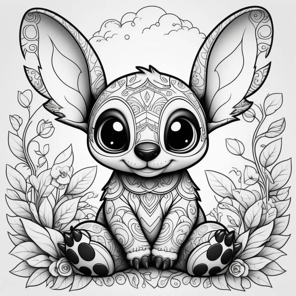 black and white coloring page featuring a Stitch doll