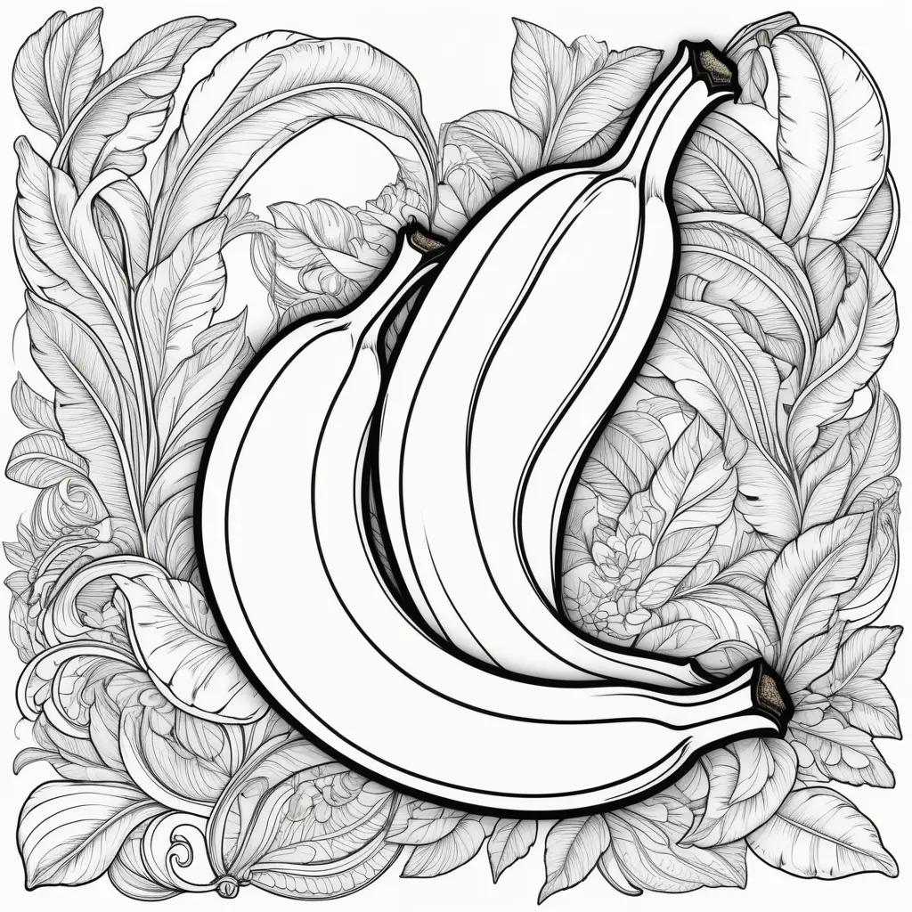 black and white coloring page featuring a banana and leaves