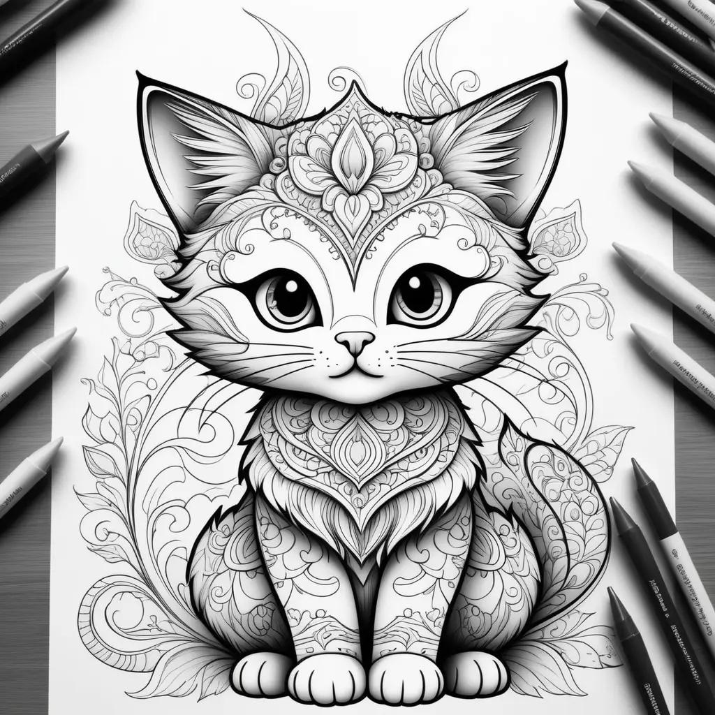 black and white coloring page featuring a cute cat