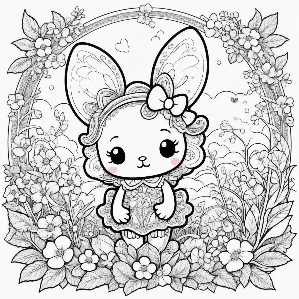 black and white coloring page featuring a cute rabbit with a bow