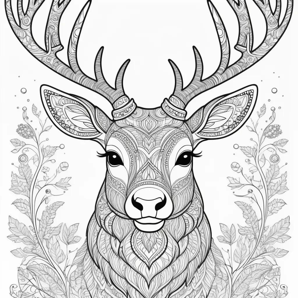 black and white coloring page featuring a deer with antlers and flowers