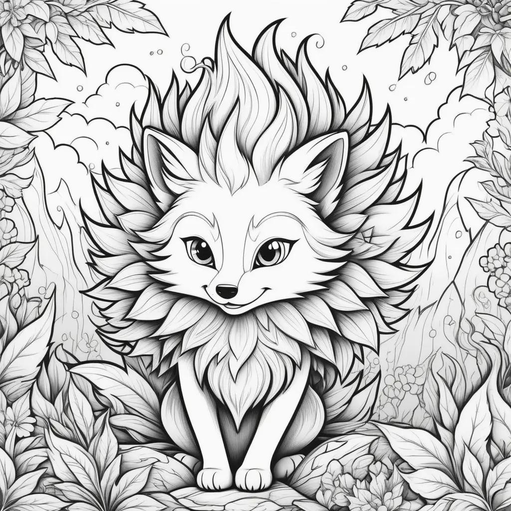 black and white coloring page featuring a fire-breathing fox